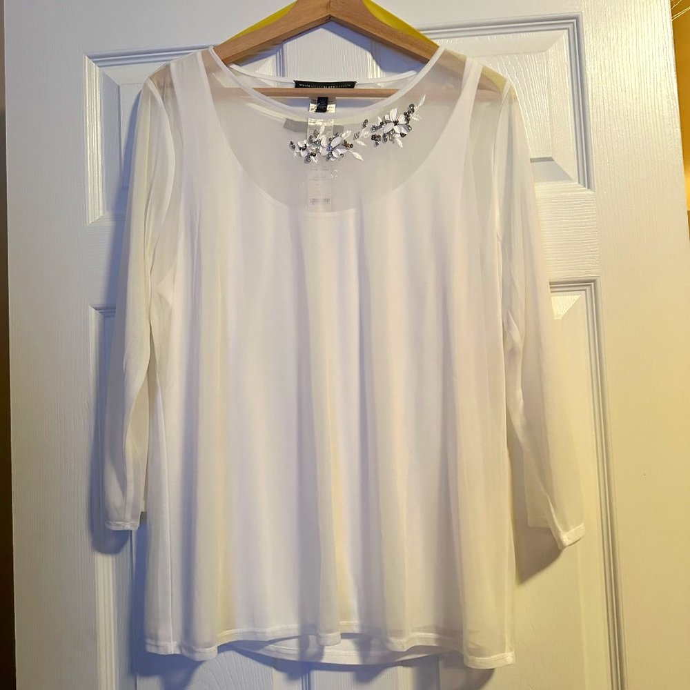 NWT WHBM Ecru 3Q Embellished Mesh Tee XL